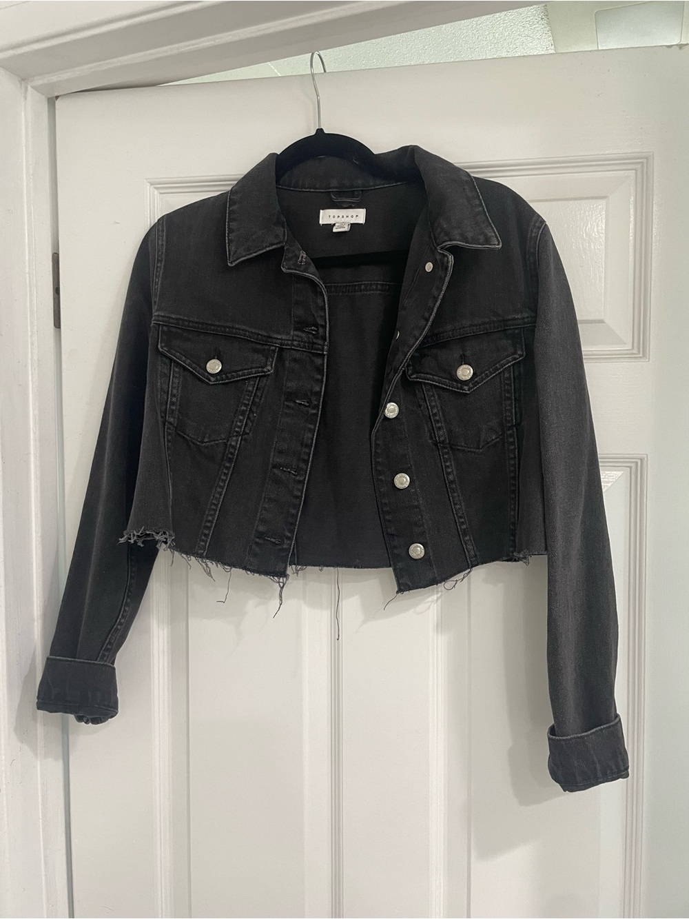 Topshop Cropped Black Denim Jacket with Raw Hem